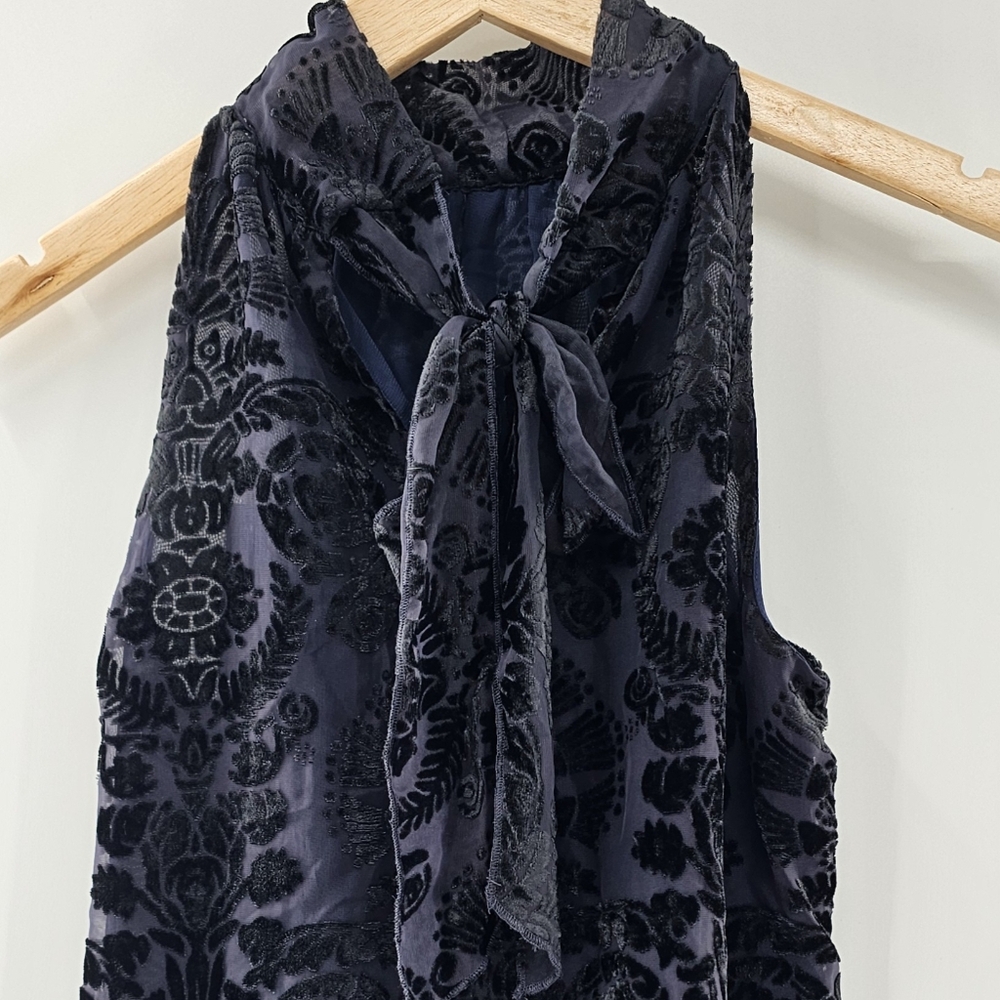 Max Studio Midnight Blue w/ Black Velvet Devore Sleeveless Tie Neck Top XSmall - Picture 6 of 13